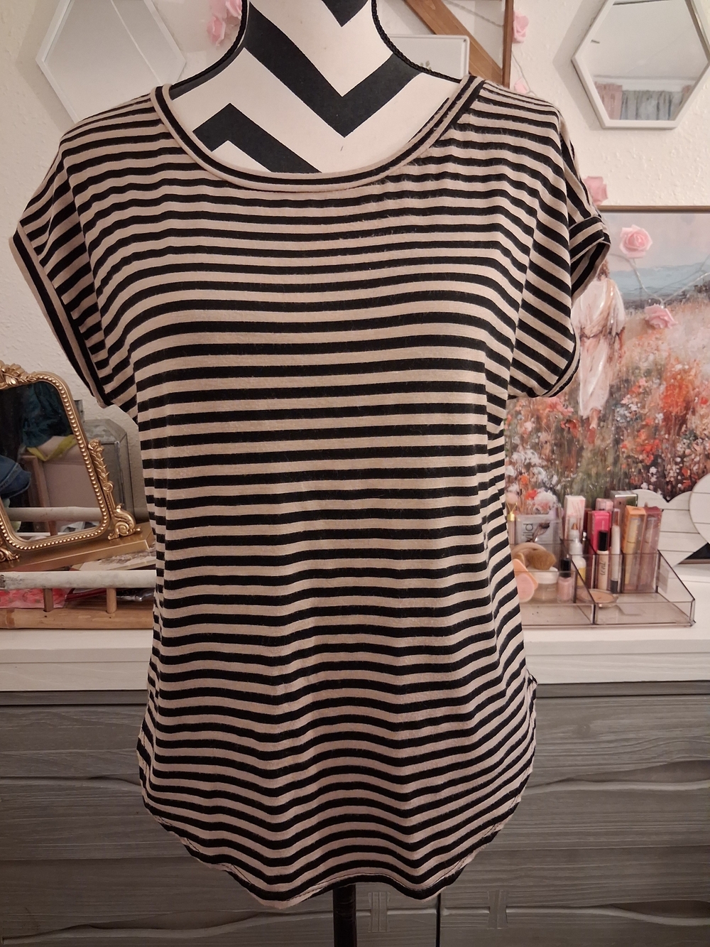 Poof! Black and Cream Striped Short Sleeve Tee